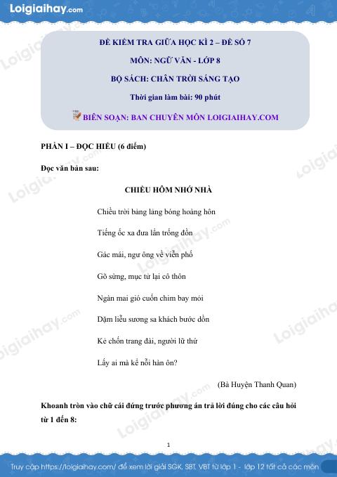 Đề thi giữa kì 2 Văn 8 Chân trời sáng tạo - Đề số 7